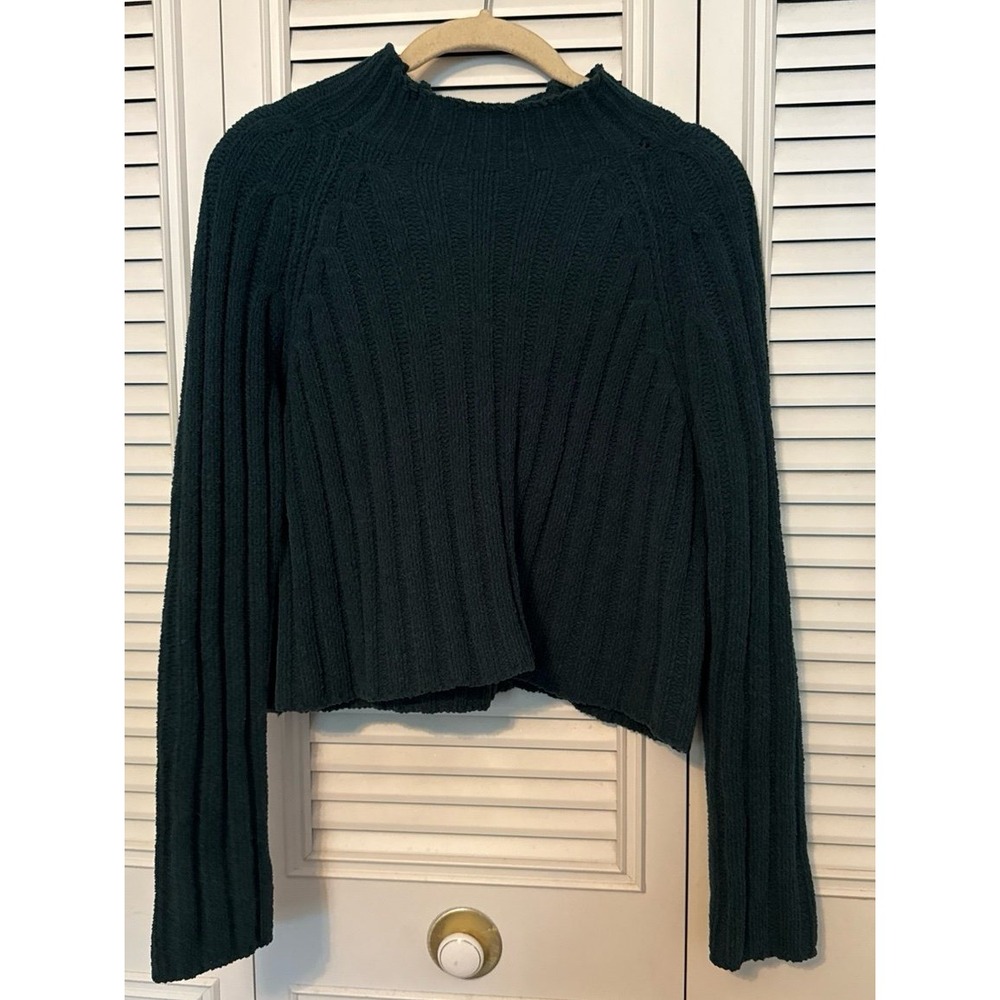 American Eagle Chenille Mock Neck Sweater Dark Green Ribbed Cropped Small